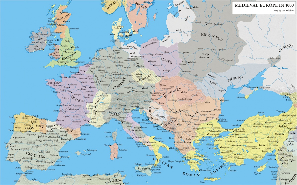 Medieval Europe in 1000 AD. Map by Ian Mladjov, https://sites.google.com/a/umich.edu/imladjov/maps